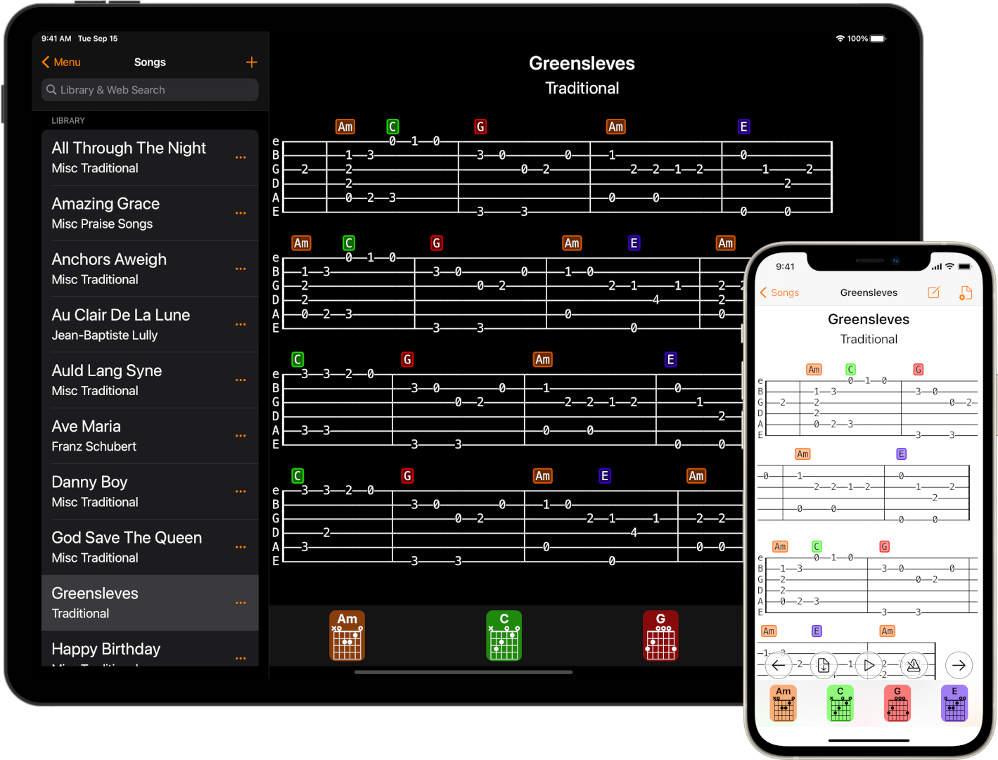 SongFolio iPad and iPhone App showing Greensleves tab
